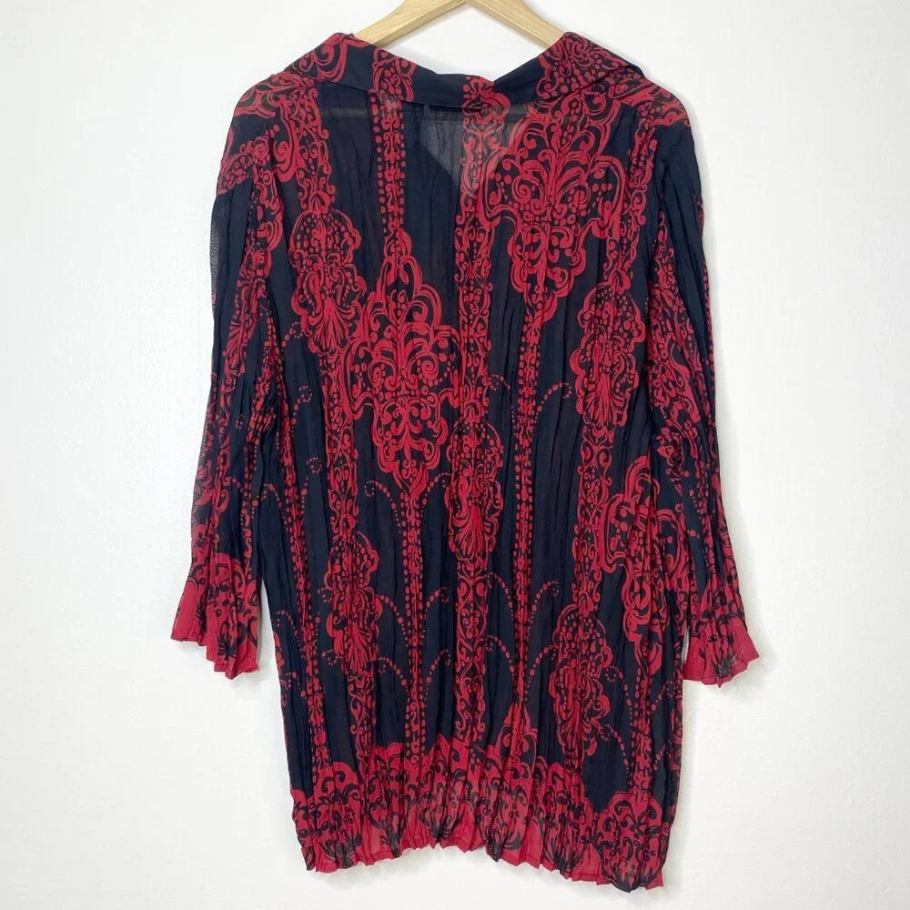 NWT Maggie Barnes Red Black Crinkle Sheer Crepe Button Up Top 0X 14/16 - Picture 5 of 9